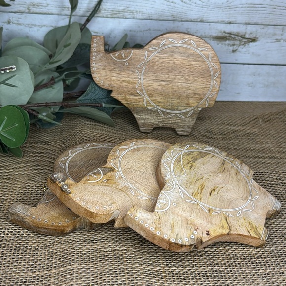 HANDCRAFTED IN INDIA WOODEN ELEPHANT COASTERS 4 PIECE SET - Picture 4 of 12